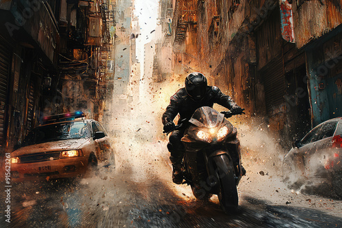 Adrenaline-pumping high-speed chase through a narrow alley, motorcyclist evades pursuit through explosive debris and flying sparks. photo