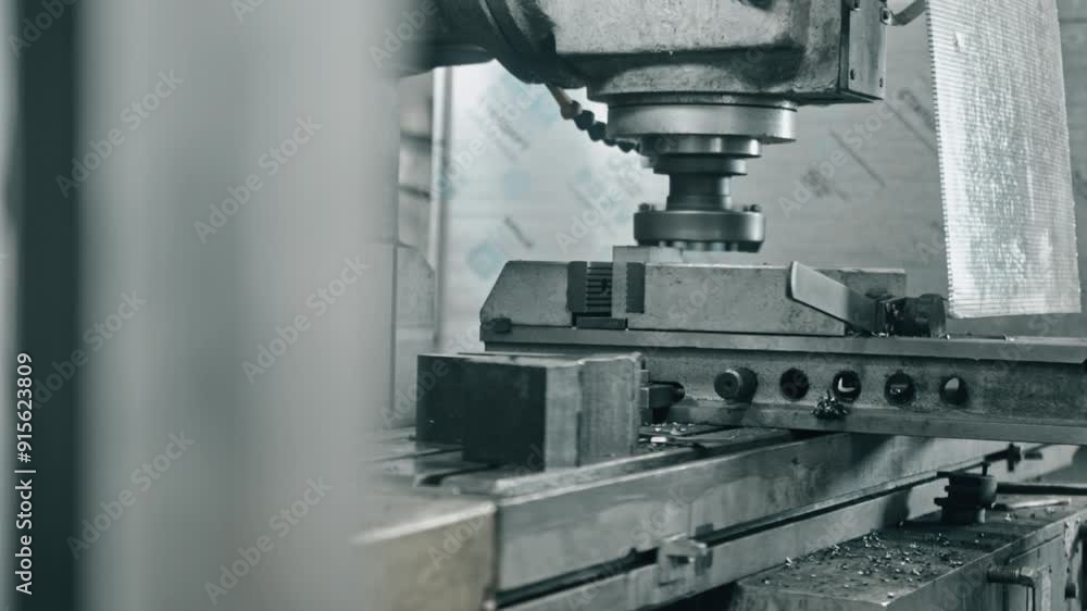 Detailed metalworking process shown with precision cutting on a metallic surface. Capturing the exact movements and technical efficiency of an industrial milling machine Detailed metalworking process shown with precision cutting on a metallic surface. Capturing the exact movements and technical efficiency of an industrial milling machine