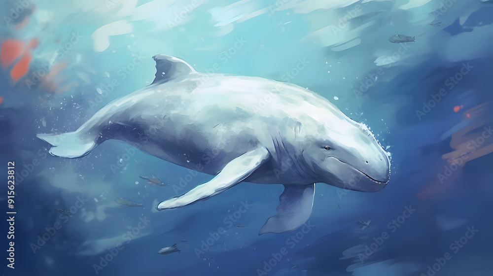 Naklejka premium Beluga under at sea watercolor style