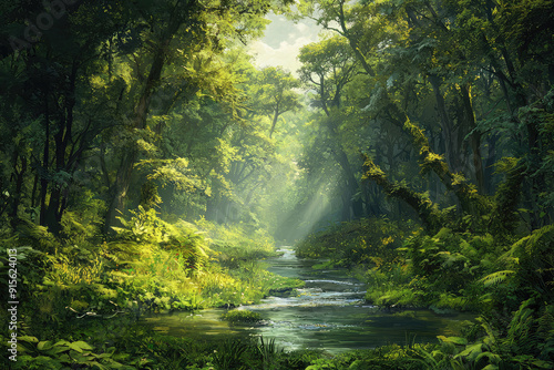 A magical forest filled with diverse wildlife, trees bathed in sunlight, and a serene stream flowing through a thriving ecosystem of greenery.