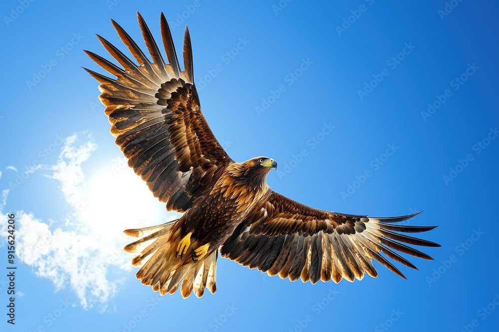 Naklejka premium A majestic golden eagle soars through a pristine blue sky, its powerful wings spread wide against the morning sun, symbolizing freedom and strength.