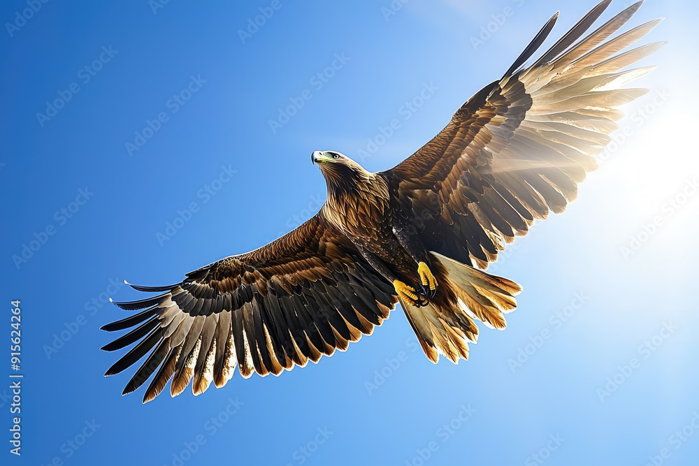 Graceful golden eagle soars majestically against the clear blue sky, showcasing its magnificent wingspan in a breathtaking aerial display. Graceful golden eagle soars majestically against the clear blue sky, showcasing its magnificent wingspan in a breathtaking aerial display.