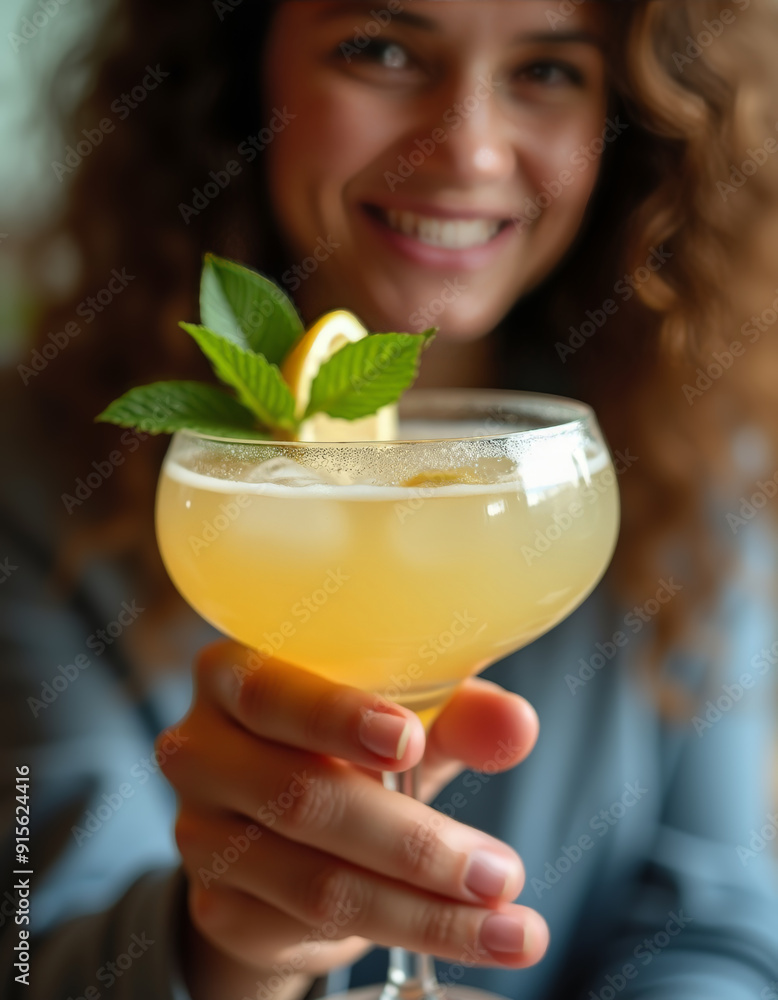 Fototapeta premium Woman holding cocktail glass with lemon and mint garnish, refreshing summer drink, happy lifestyle and hospitality concept. Generative AI.