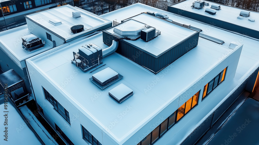 Aerial view of modern industrial building rooftops covered in snow, featuring various HVAC systems and ventilation ducts. Aerial view of modern industrial building rooftops covered in snow, featuring various HVAC systems and ventilation ducts.
