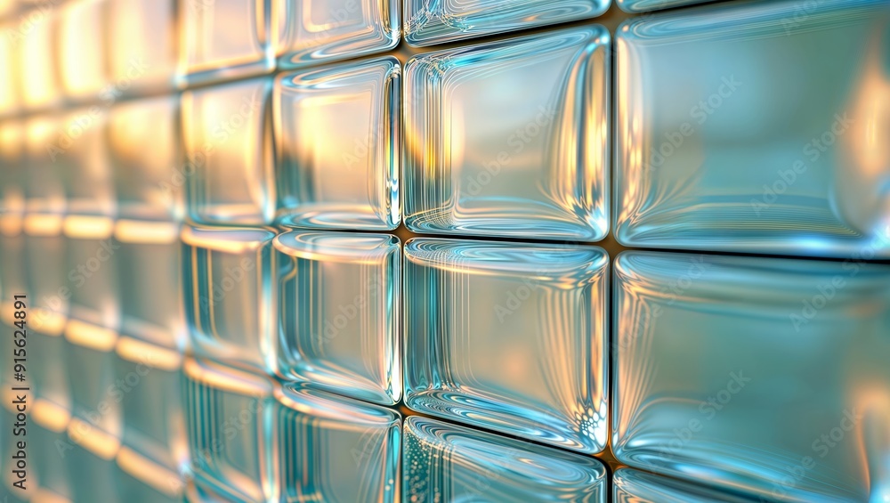 Glass Blocks. A close-up of a wall made of square glass blocks, illuminated by warm sunlight. Glass Blocks. A close-up of a wall made of square glass blocks, illuminated by warm sunlight.