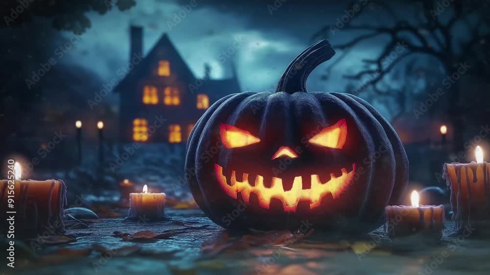 Realistic halloween scary pumpkin with haunted house in the background, dark concept, motion animation looping video animated background Realistic halloween scary pumpkin with haunted house in the background, dark concept, motion animation looping video animated background