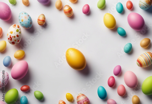 Easter banner with colorful Easter Egg double side border over a white background Top view with copy