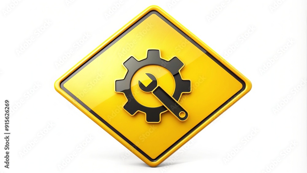 A bright yellow maintenance car symbol sign on a white background, featuring a bold wrench and gear icon, indicating vehicle service and repair needs. A bright yellow maintenance car symbol sign on a white background, featuring a bold wrench and gear icon, indicating vehicle service and repair needs.