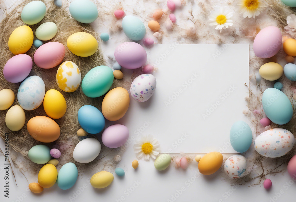 Easter banner with colorful Easter Egg double side border over a white background Top view with copy Easter banner with colorful Easter Egg double side border over a white background Top view with copy