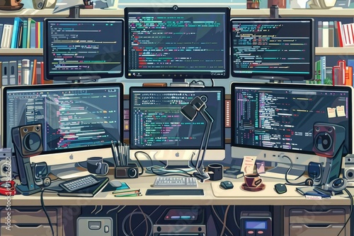 A programmers desk with multiple monitors displaying code, surrounded by coffee cups and tech gadgets photo