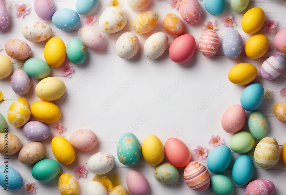 Easter banner with colorful Easter Egg double side border over a white background Top view with copy Easter banner with colorful Easter Egg double side border over a white background Top view with copy