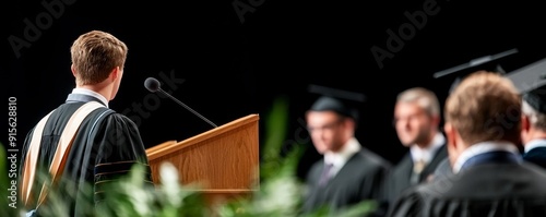 A university graduation ceremony with the valedictorian speaking at a podium, surrounded by faculty members