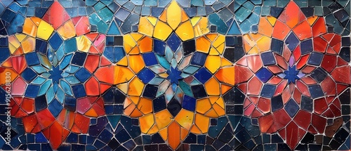 Intricate Arabic geometric pattern with vibrant colors, seamless tile design for background use. 
