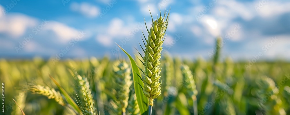 Close up of green wheat in a field. Agriculture and cereal crop concept. Design for packaging, agricultural banner with copy space. Close up of green wheat in a field. Agriculture and cereal crop concept. Design for packaging, agricultural banner with copy space.