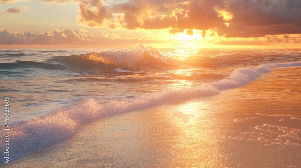 Beautiful sunrise scene with soft, golden light reflecting off tranquil beach waters and gentle waves Beautiful sunrise scene with soft, golden light reflecting off tranquil beach waters and gentle waves