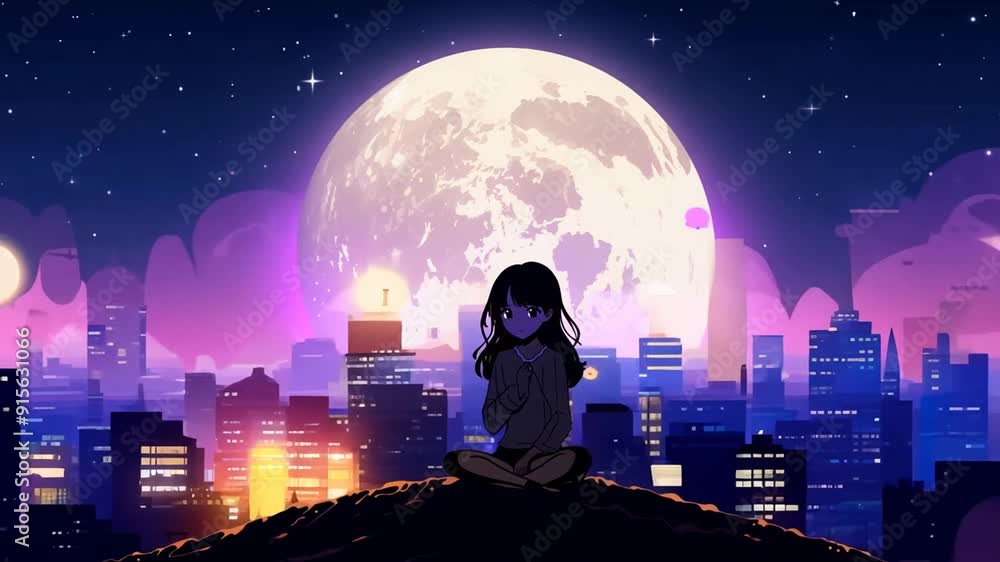 Girl Sitting On A Hill Overlooking A Glowing City Under A Full Moon Generative AI Girl Sitting On A Hill Overlooking A Glowing City Under A Full Moon Generative AI