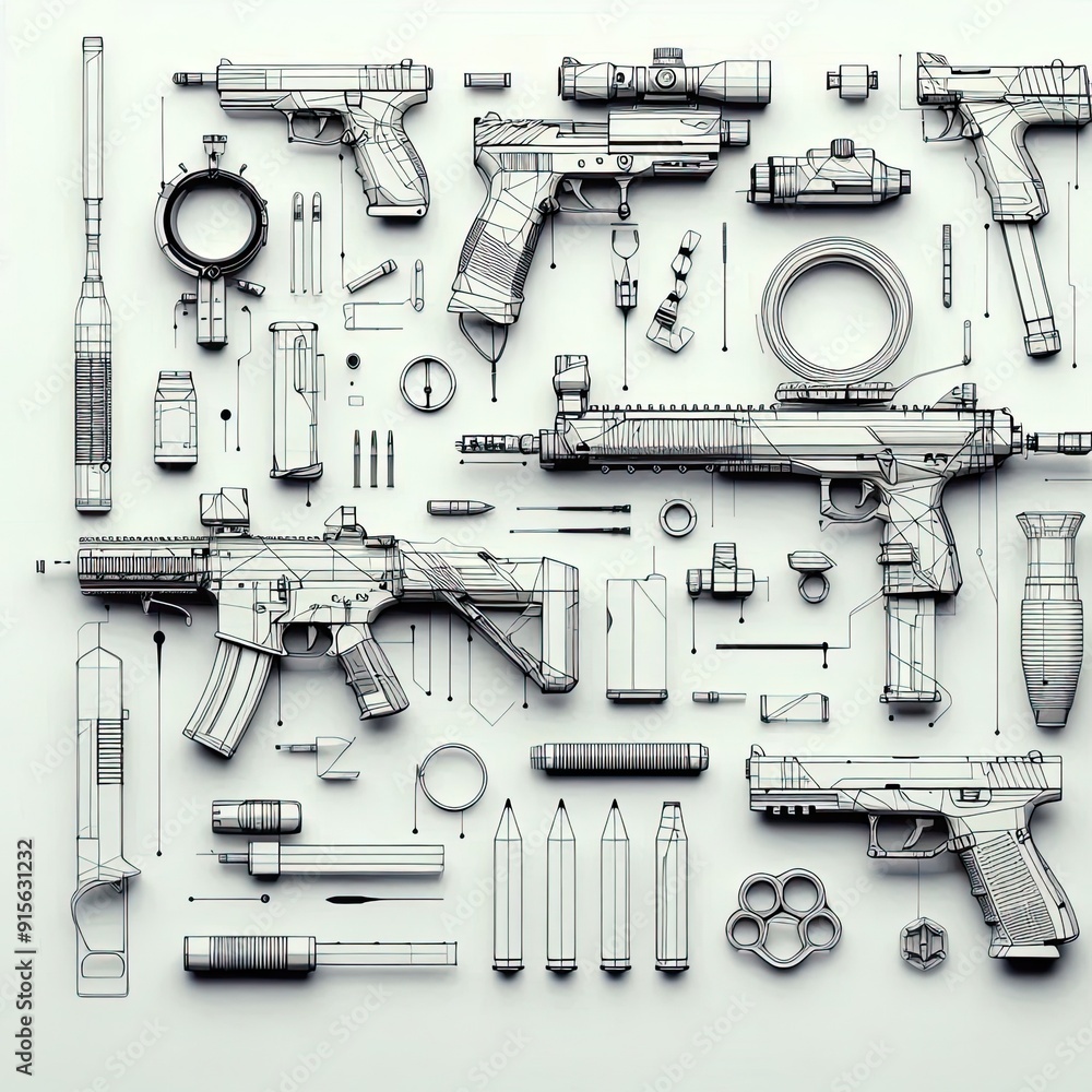 Fototapeta premium minimal modern and avant garde weapon gun sketches on a white background, 16:9. 3D Rendering. AI generated