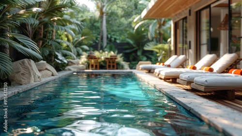 Beautiful swimming pool with greenery present in a villa