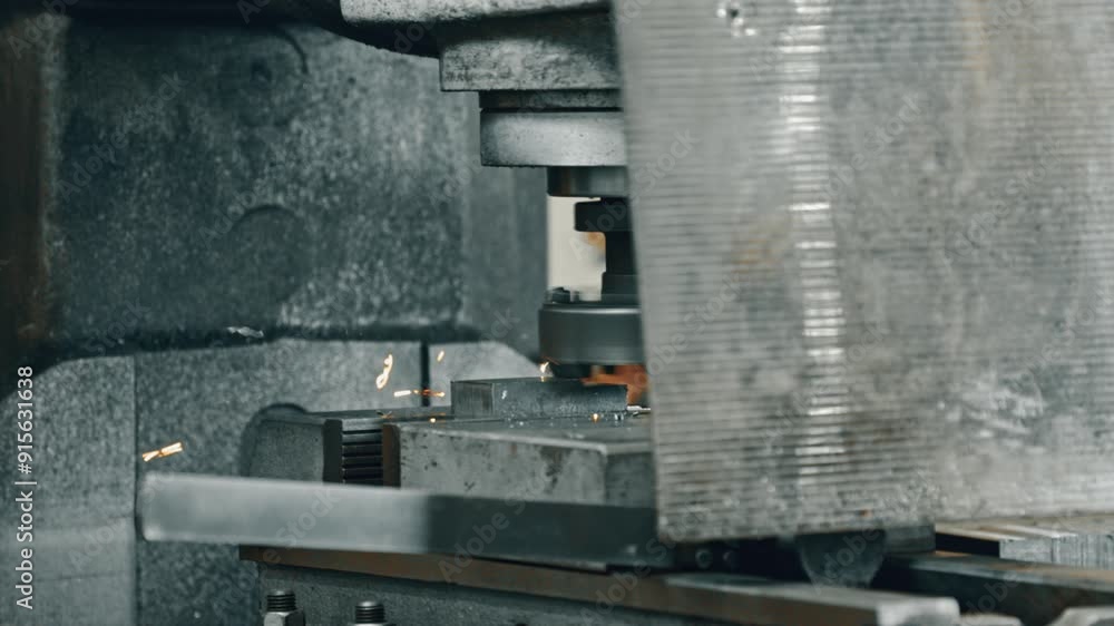 Industrial milling machine cutting metal with precision in factory setting. Sparks fly as metal is processed. Close-up view Industrial milling machine cutting metal with precision in factory setting. Sparks fly as metal is processed. Close-up view