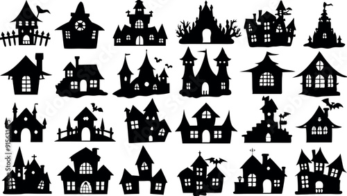 Set of silhouettes of Halloween house