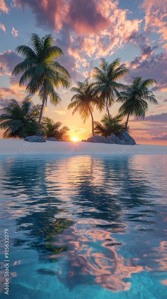 Deserted Island at Sunset with Crystal-Clear Turquoise Waters, Pristine White Sand, Lush Palm Trees, and Vibrant Orange-Pink Sky Deserted Island at Sunset with Crystal-Clear Turquoise Waters, Pristine White Sand, Lush Palm Trees, and Vibrant Orange-Pink Sky