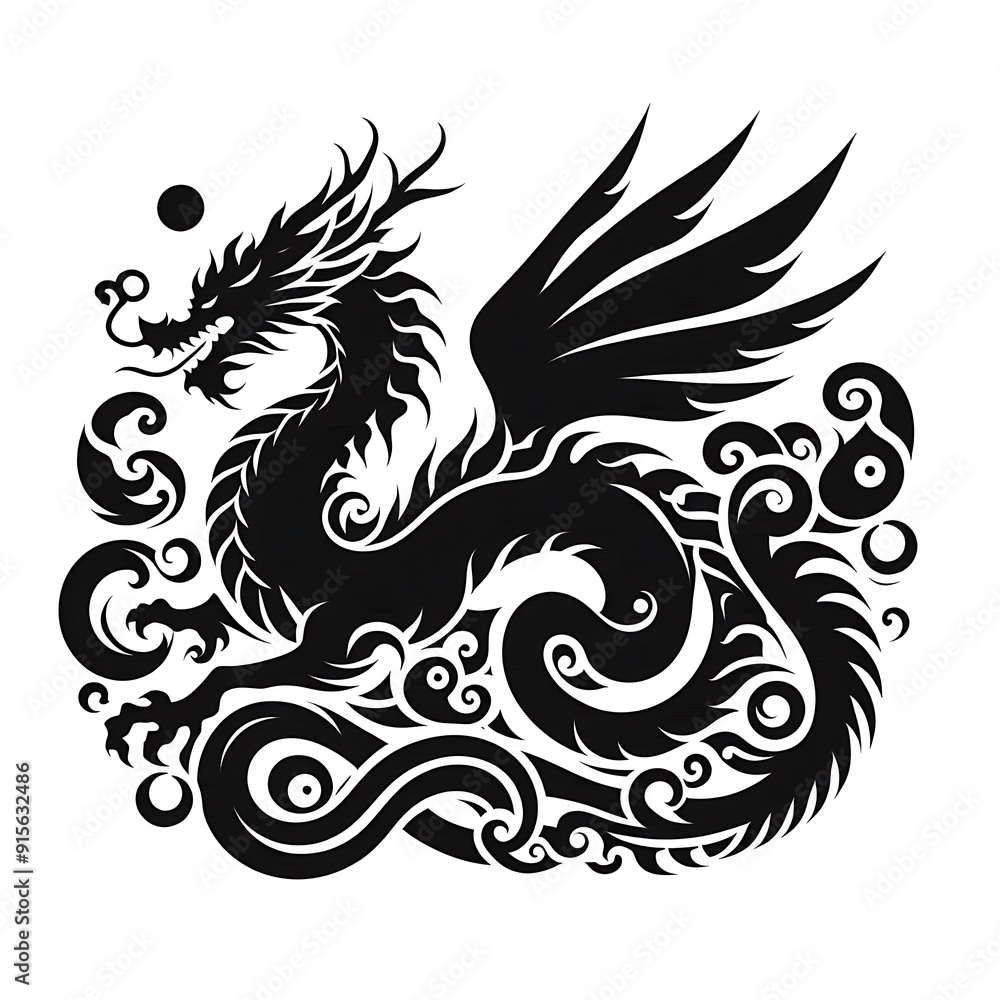 Year of the Dragon Silhouette Depiction of Green Wood Chinese Dragon for 2025 New Year
