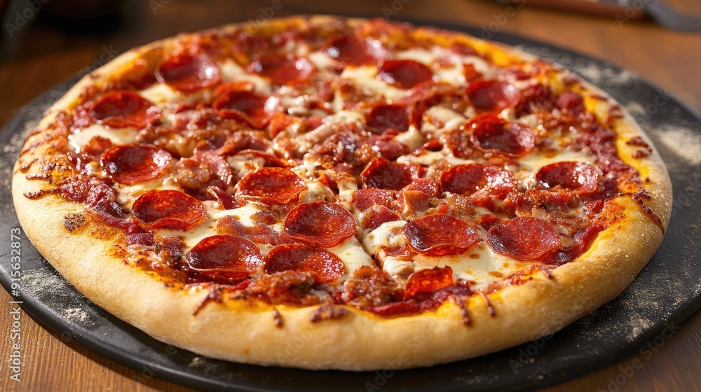 Hot Big Pepperoni PizzaMouthwatering pepperoni pizza with melting cheese, crispy bacon, and fresh toppings, steaming hot Hot Big Pepperoni PizzaMouthwatering pepperoni pizza with melting cheese, crispy bacon, and fresh toppings, steaming hot