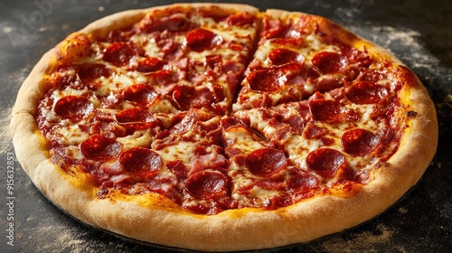 Hot Big Pepperoni PizzaMouthwatering pepperoni pizza with melting cheese, crispy bacon, and fresh toppings, steaming hot