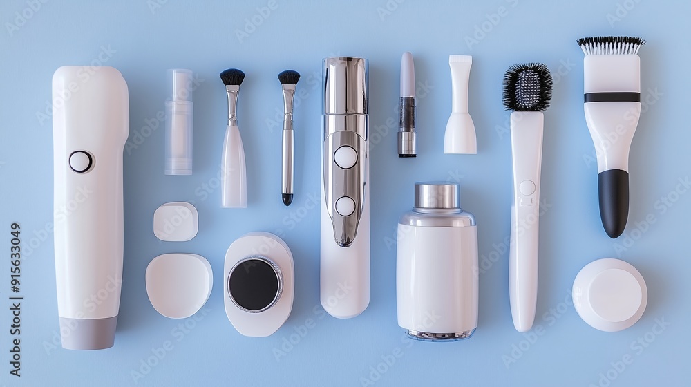 A collection of white beauty tools arranged neatly on a light blue background for skincare and cosmetic applications A collection of white beauty tools arranged neatly on a light blue background for skincare and cosmetic applications