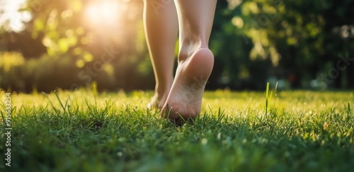 Strolling Barefoot on a Sunlit Meadow, Embracing Nature's Serenity and the Joy of a Blossoming Spring Day photo