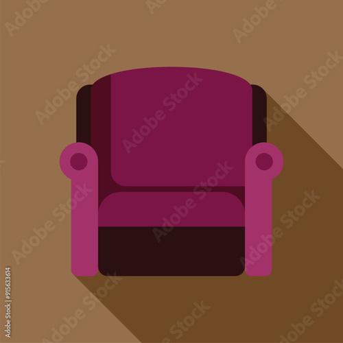Purple armchair with armrests casting long shadow on brown background, concept of interior design