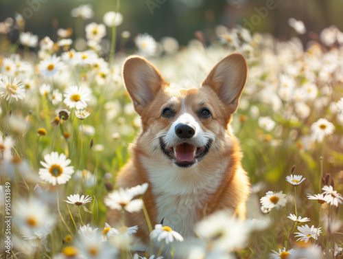 A Smiling Corgi Dog Surrounded by Daisies in a Field