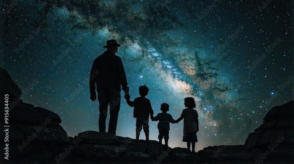 Fototapeta premium Silhouettes of a Family Gazing at the Milky Way