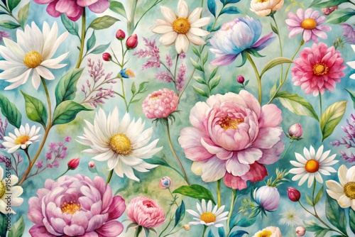 Vibrant watercolor florals dance across a whimsical wallpaper design, featuring blooming peonies, daisies, and wildflowers on a soft, dreamy background for fabric and textile use.