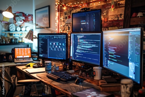 A programmers desk with multiple monitors displaying code, surrounded by coffee cups and tech gadgets photo