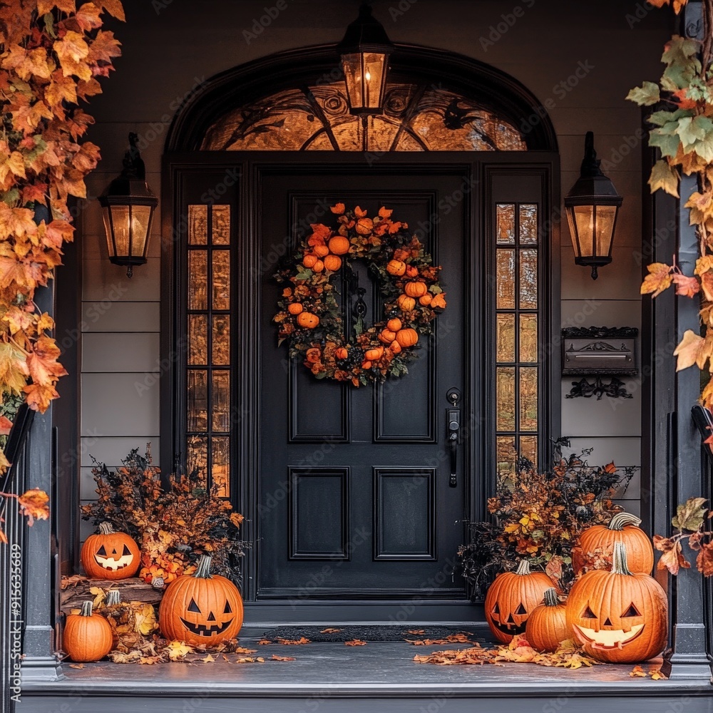 Obraz premium Elegant Halloween Home Entrance with Pumpkins