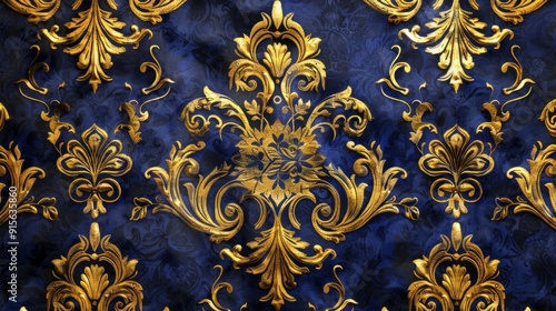 Elegant damask pattern with intricate floral motifs in gold and royal blue, set against a luxurious velvet background. 4k hyperrealistic photo photo