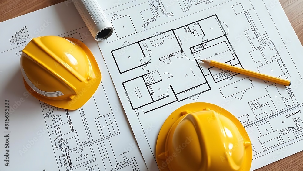 Architectural project, blueprint floor plan unfurled across a tablescape, accompanied by a yellow helmet and a pencil resting atop, backlit by the soft glow of an unseen desk lamp, casting subtle shad Architectural project, blueprint floor plan unfurled across a tablescape, accompanied by a yellow helmet and a pencil resting atop, backlit by the soft glow of an unseen desk lamp, casting subtle shad