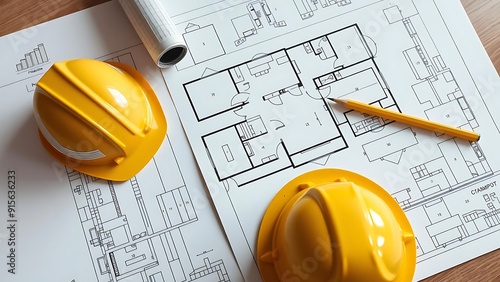 Architectural project, blueprint floor plan unfurled across a tablescape, accompanied by a yellow helmet and a pencil resting atop, backlit by the soft glow of an unseen desk lamp, casting subtle shad