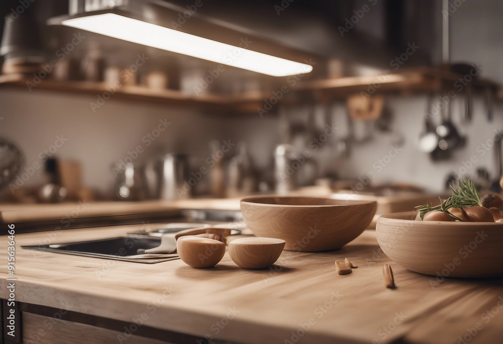 Modern culinary haven Empty wooden kitchen counter with rustic accents Homey kitchen elegance Blurre Modern culinary haven Empty wooden kitchen counter with rustic accents Homey kitchen elegance Blurre