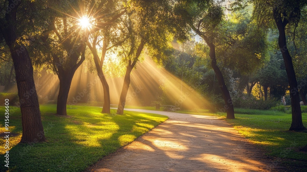 Scenic sunlit walkway in a park, with rays of sunlight filtering through trees and casting a warm glow Scenic sunlit walkway in a park, with rays of sunlight filtering through trees and casting a warm glow