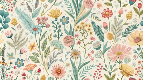 Whimsical hand-drawn wild meadow florals in soft pastel hues, featuring playful bouquet illustrations and intricate details, arranged in a seamless repeating pattern.