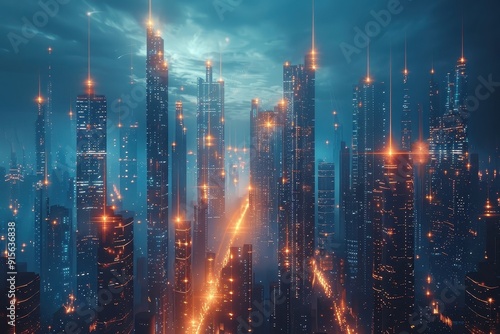 A futuristic cityscape where glowing lines form towering skyscrapers, conveying a sense of technological advancement and innovation.