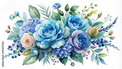 Delicate, dreamy watercolor illustration of a lush bouquet featuring majestic blue roses and complementary blooms, gently arranged on a pristine white background.