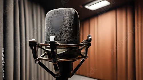 A large diaphragm studio microphone with a pop filter attached, positioned in front of a soundproofed wall in a vocal booth photo