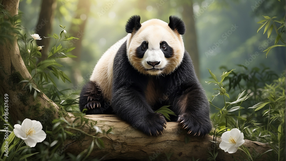 Fototapeta premium A wild panda with black eyes and a white face ai generative