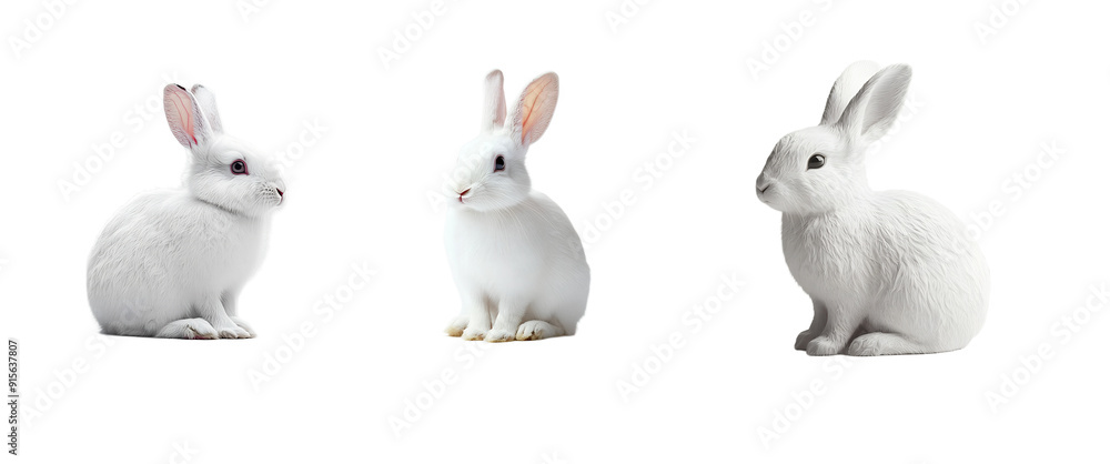 Three White Rabbits Sitting on a Black Background Three White Rabbits Sitting on a Black Background