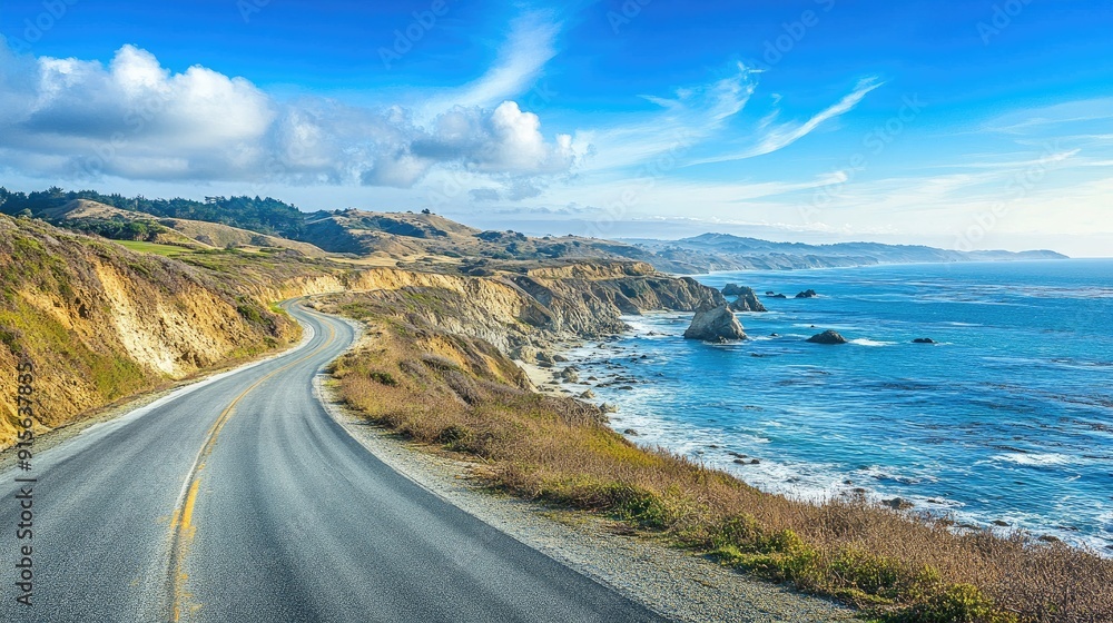 Stunning image of a scenic drive along a rugged coastline, featuring ocean views and clear skies Stunning image of a scenic drive along a rugged coastline, featuring ocean views and clear skies
