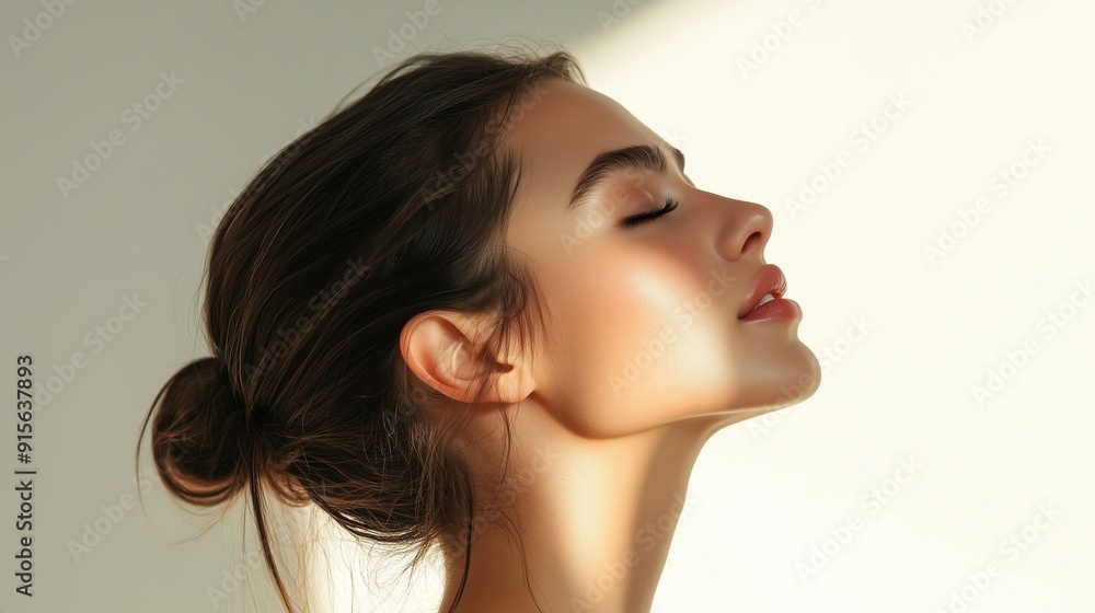 A woman enjoys sunlight while standing against a light-colored wall during early morning hours