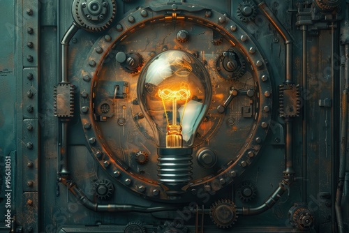  Illustration of a light bulb illuminated with gears in the background, symbolizing an innovative idea.